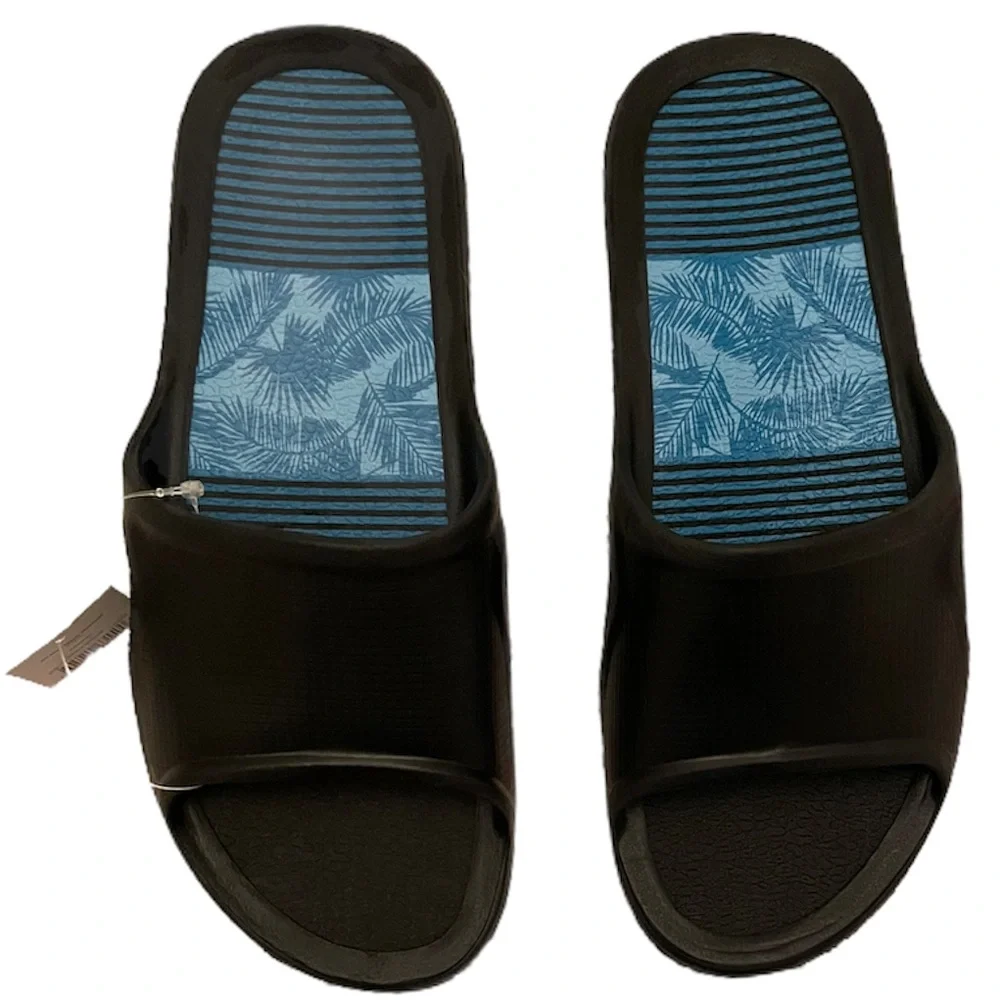 Black Rubber Slip On Sandal Smooth Comfort Cushion Insole Grip Outer Sole Mens 9